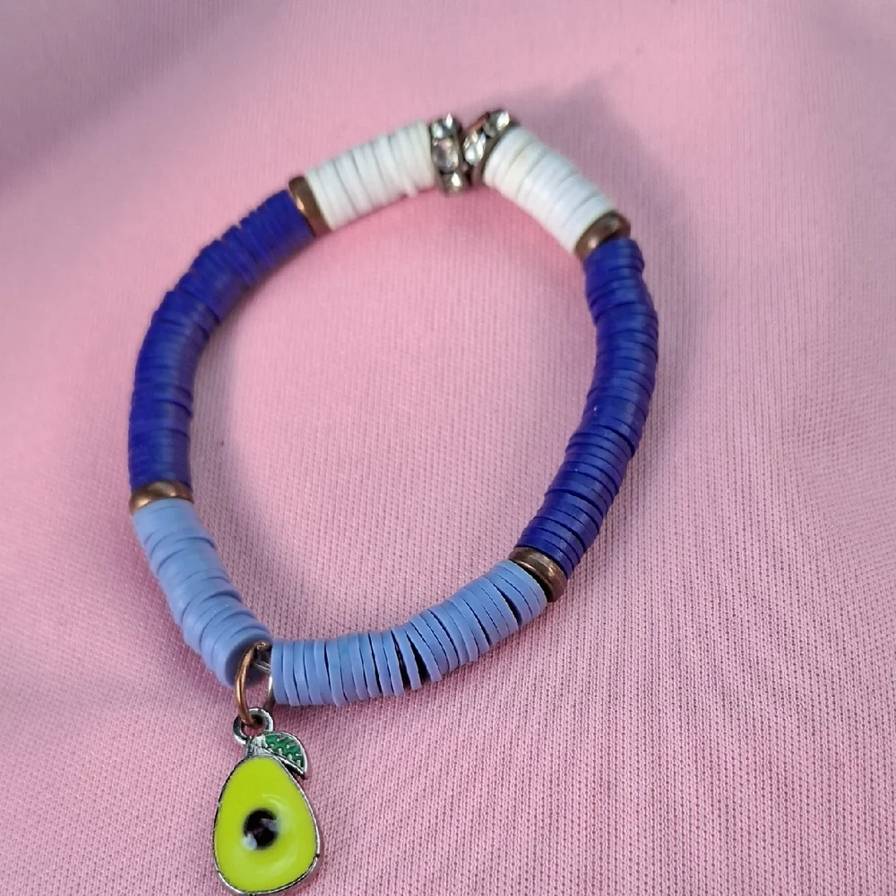 Avocado Charm Beaded Bracelet in Blue, White & Lime
